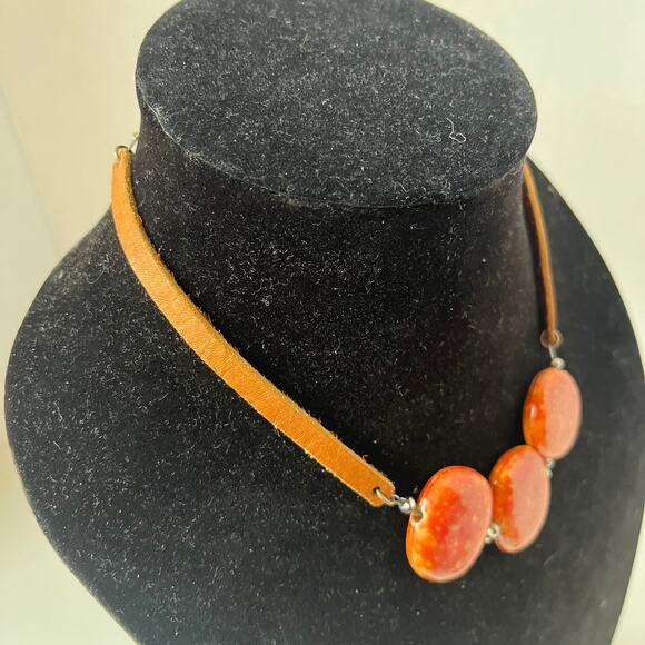 GoldStone Triple Pendant on Brown Leather Choker Strap Necklace Circles Extend - Picture 6 of 10